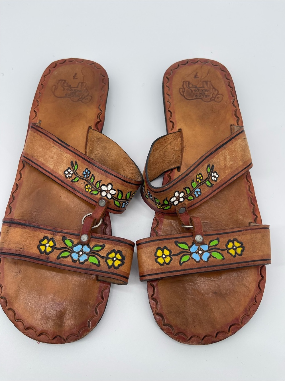 Hand-Painted Hand-Tooled Floral Brown Leather Slide Sandals